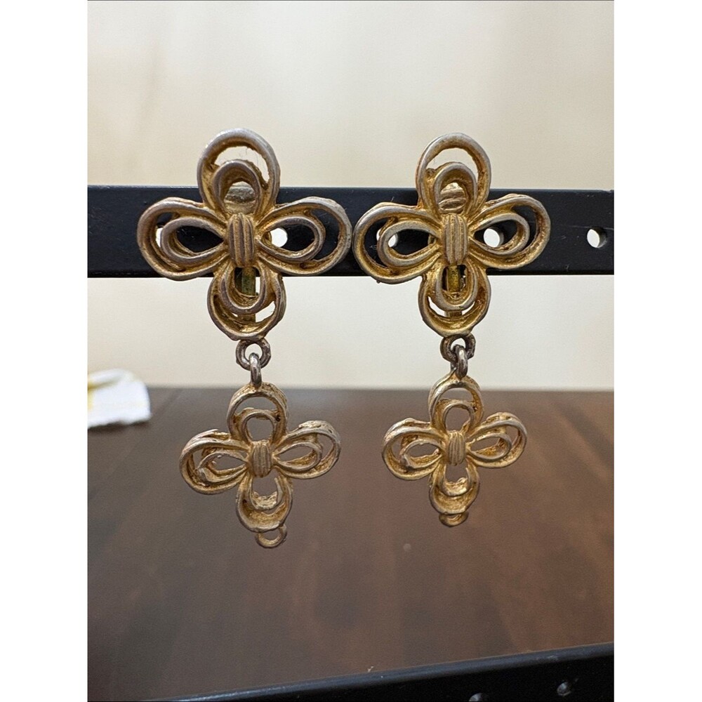 Vintage Gold Tone Openwork Dangle Clip On Earrings Floral Bow Scroll